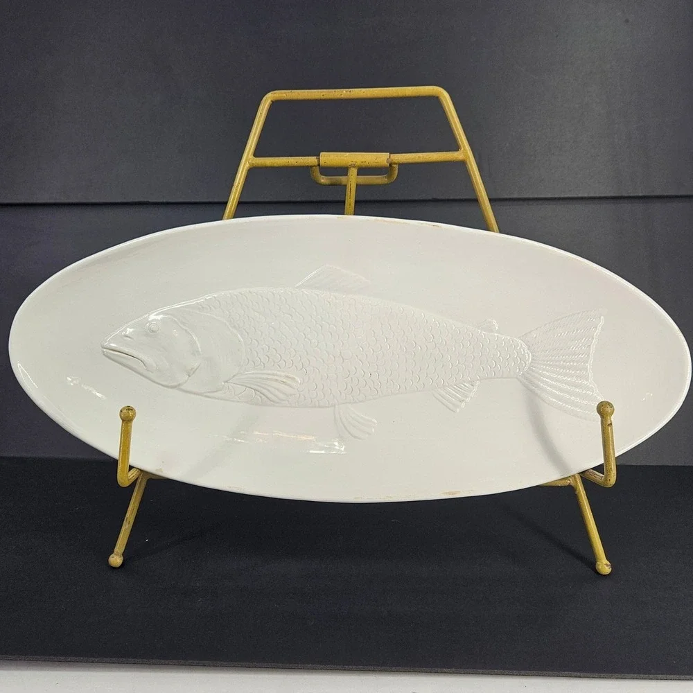 Vintage Lg White Ceramic Fish Platter Oval Serving Tray Decor Made in Italy 17in